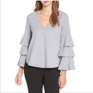 NWT  WAYF Micah Ruffle Bell Sleeve V-Neck Cotton Micro Check Top Size XS